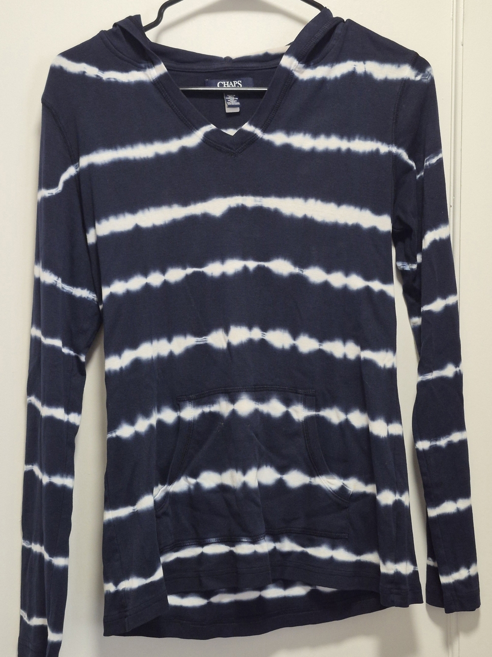 Chaps Navy and White Tie-Dye Hooded Pullover